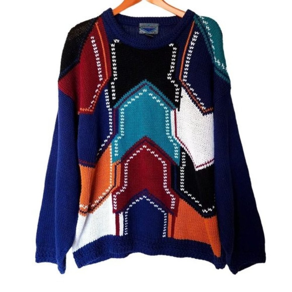 Etchings Vintage Men's L Large Pullover Geometric Blue Sweater‎ Crew Neck